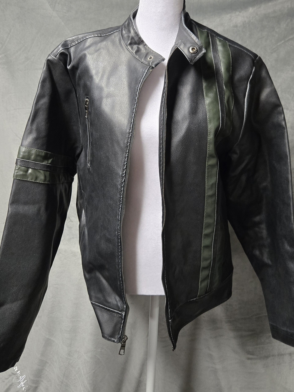 Arizona Jean Company Black Leather Bomber Jacket with Green Stripes